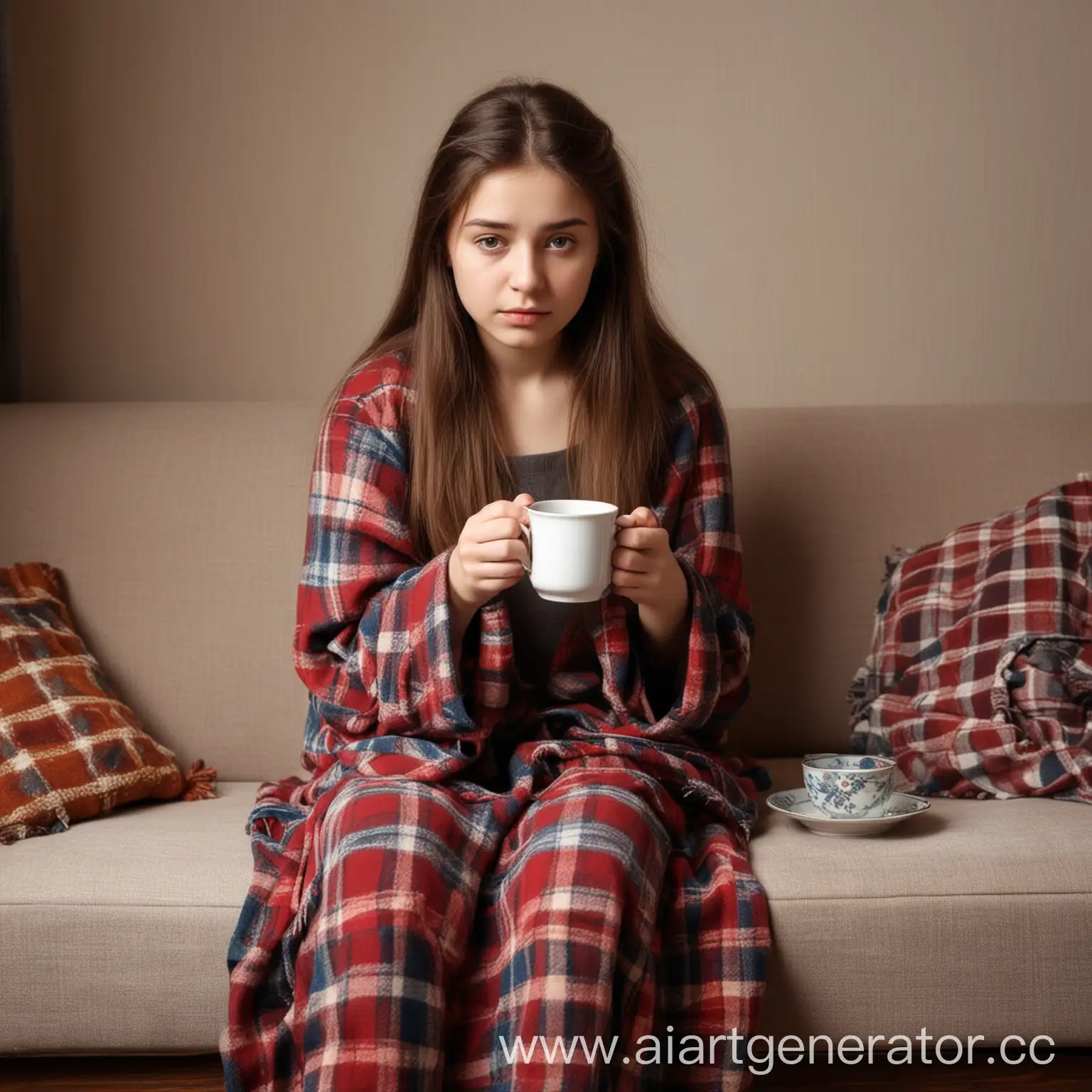 Young-Woman-with-Hot-Tea-Wrapped-in-Plaid-Surrounded-by-Medicine-and-Thermometer