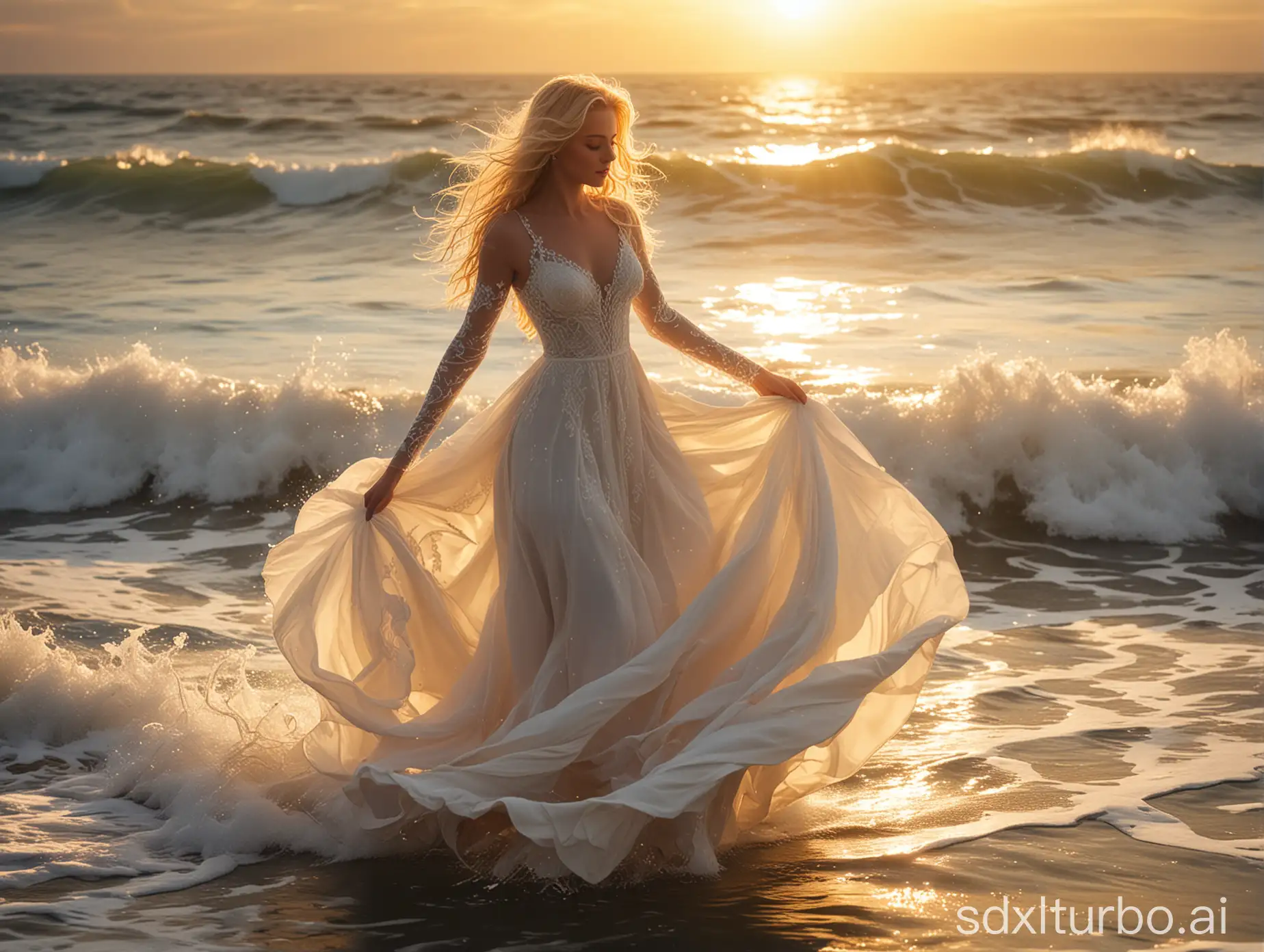A captivating scene of a woman with cascading blonde hair, elegantly dressed in a radiant white gown, gracefully twirling amidst the mesmerizing waves of a tranquil sea. The golden sun casts its warm, ethereal light upon her, illuminating both her radiant beauty and the shimmering water, creating a surreal and enchanting atmosphere. The waves crash around her, their frothy crests brushing against her gown, while the sunlight dances upon the water's surface, reflecting a dazzling kaleidoscope of light.