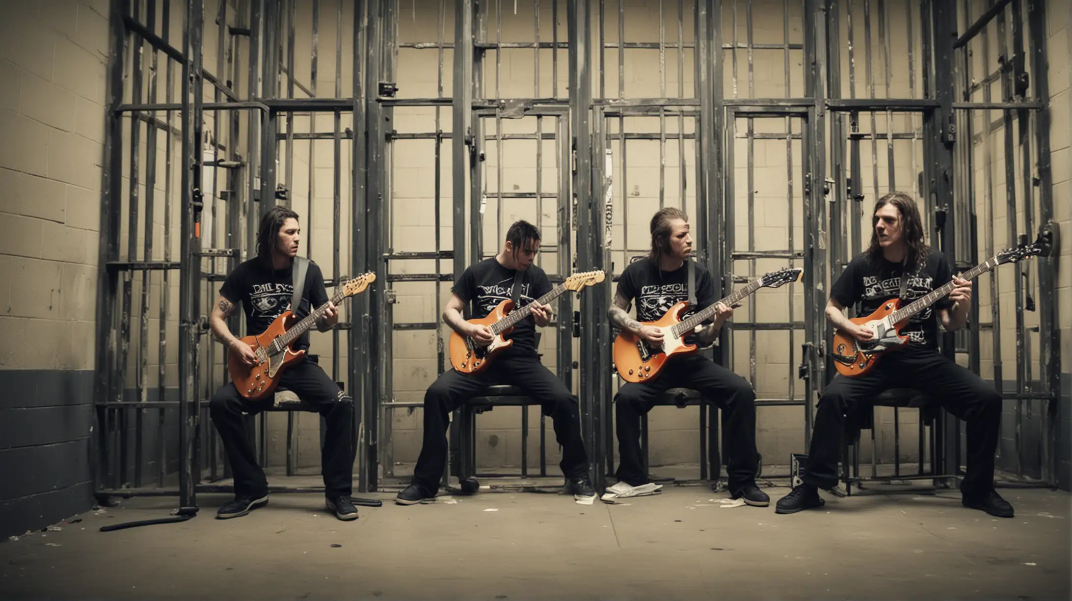 Rock Band Playing Guitars Behind Jail Bars
