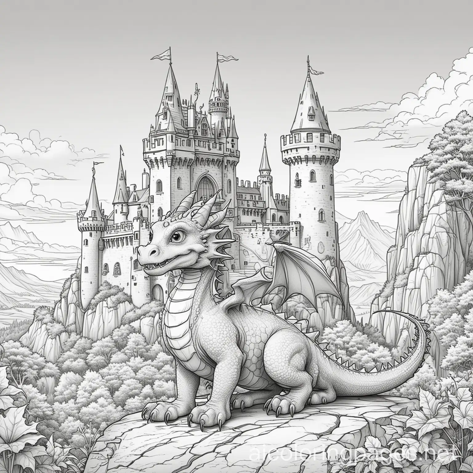 A cute friendly dragon in front of a castle, Coloring Page, black and white, line art, white background, Simplicity, Ample White Space. The background of the coloring page is plain white to make it easy for young children to color within the lines. The outlines of all the subjects are easy to distinguish, making it simple for kids to color without too much difficulty