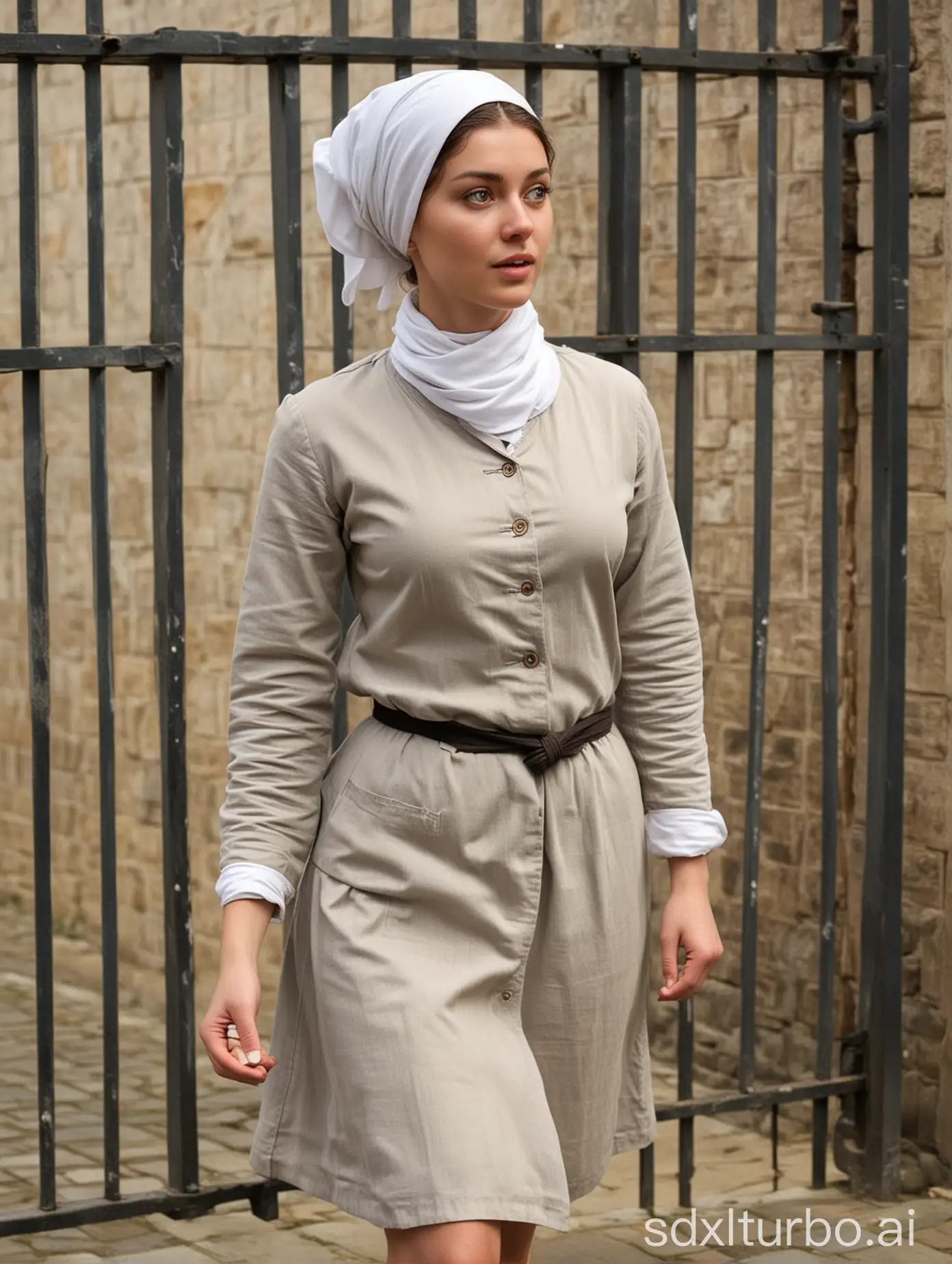 A young woman of not tall stature with quite full breasts stepped out of the prison gate with brisk steps, quickly turned around, and stood beside the guard captain. She wore a white blouse and white skirt inside, with a gray prison coat outside. She wore linen socks on her feet, with prisoners' cotton shoes outside the socks, and tied a white headscarf on her head, deliberately letting a few curly black hairs slip out from the scarf. The entire face of this woman showed the special pale color of those long-term imprisoned, reminiscent of the tender sprouts of potatoes in a cellar. Her short and wide hands and the full white neck exposed from the loose collar of the prison coat were of the same color. On that face, especially framed by the pale and colorless complexion, her eyes appeared very dark, very bright, slightly swollen, but very lively, with one eye slightly squinting. She stood upright, with her full breasts raised.