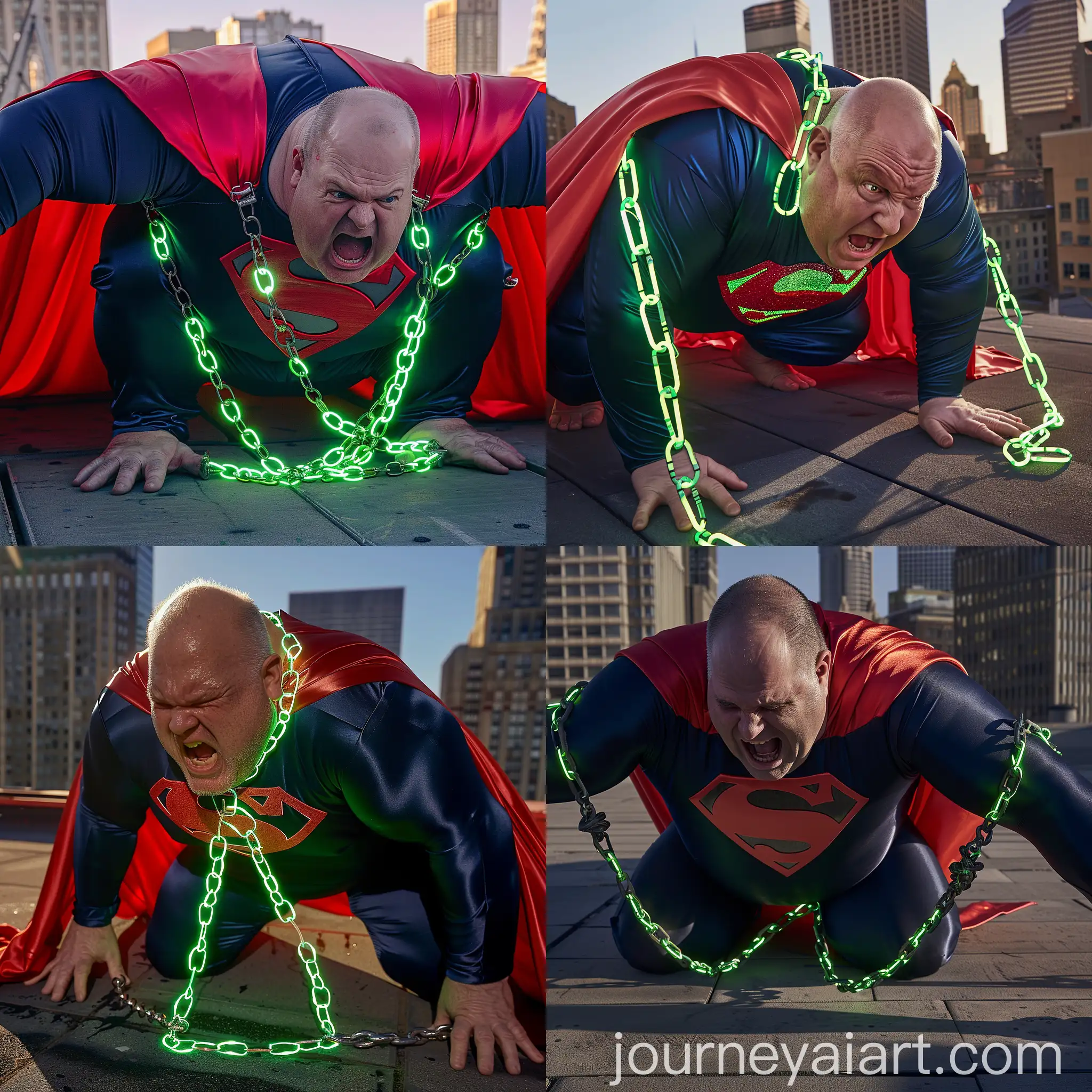 Close-up photo of a overweight anxious man aged 60 wearing a tight silk navy superman costume with a red cape down on his knees on the floor with arms opened and shackled with green glowing neon chains around the neck. On a rooftop. Day. Clean Shaven. Natural light. --style raw --ar 1:1