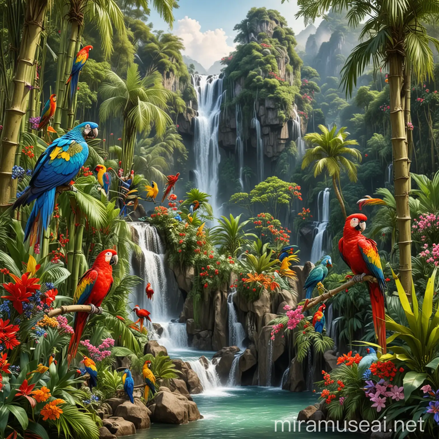 Tropical Island with Bamboo Forest Waterfall and Exotic Birds