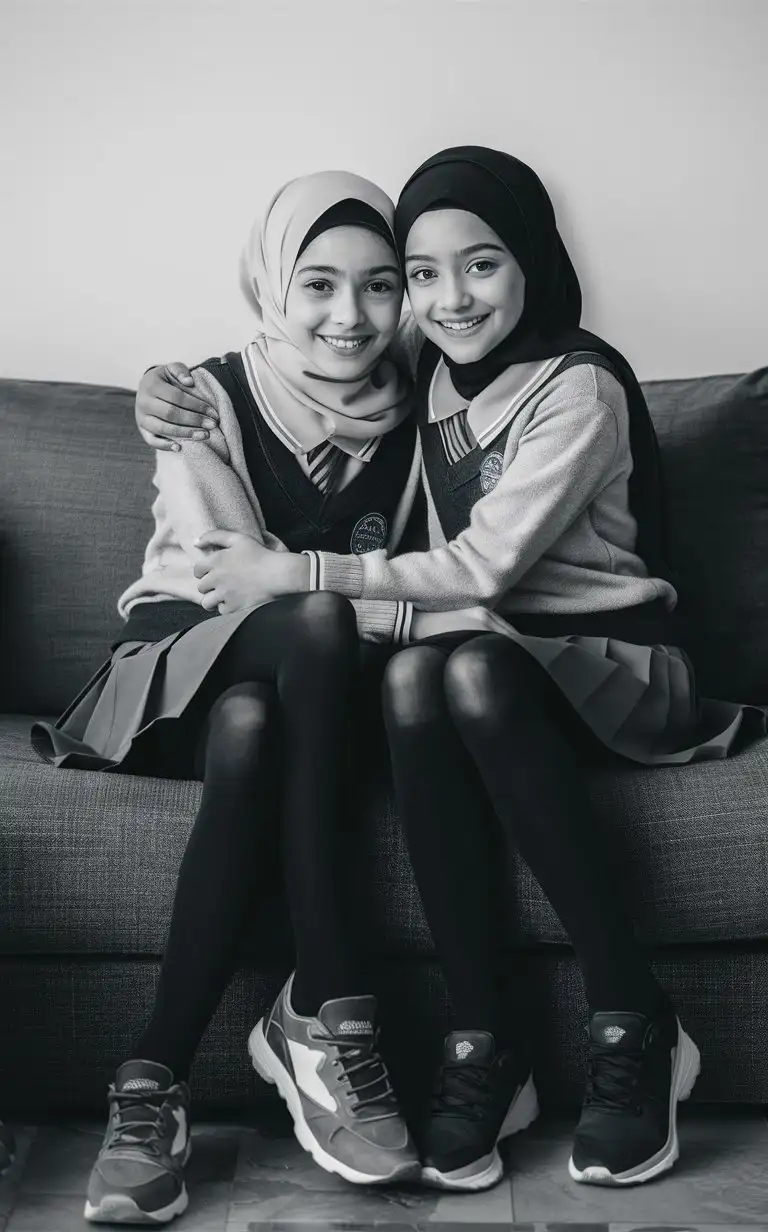 Two 13 years olds girls. They wear a school skirt, tight blouse, black opaque tights, sport shoes.
They are beautiful, elegant.  
Sits on the sofa. Crossed legs
One girl wears a hijab. Hugs, well-groomed
From below