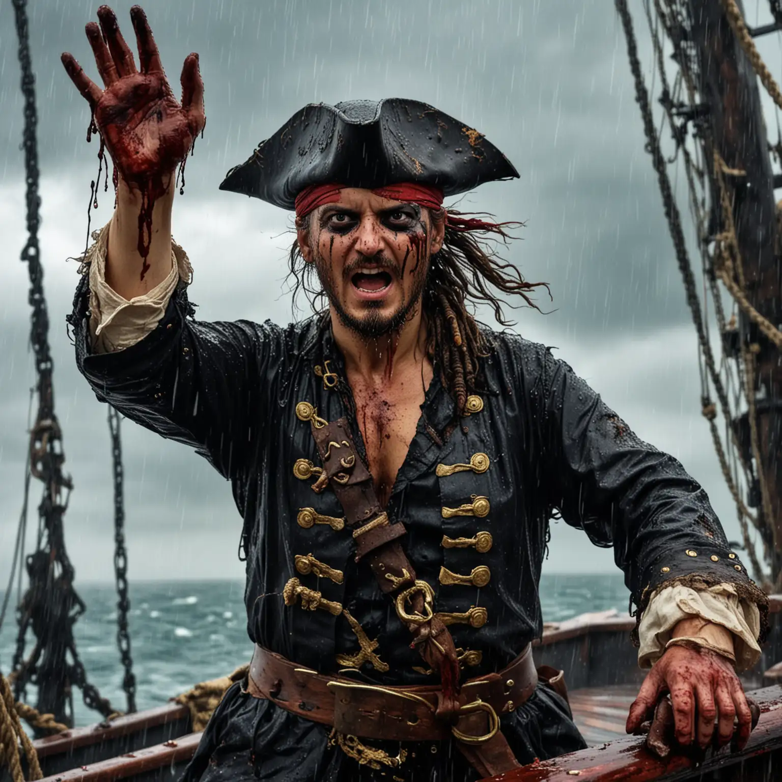 Ein Pirat auf einem Piratenschiff auf dem Meer. 
Blut und Teer an den Händen. Der Pirat schreit. Der Pirat ist schmutzig. Es regnet. 