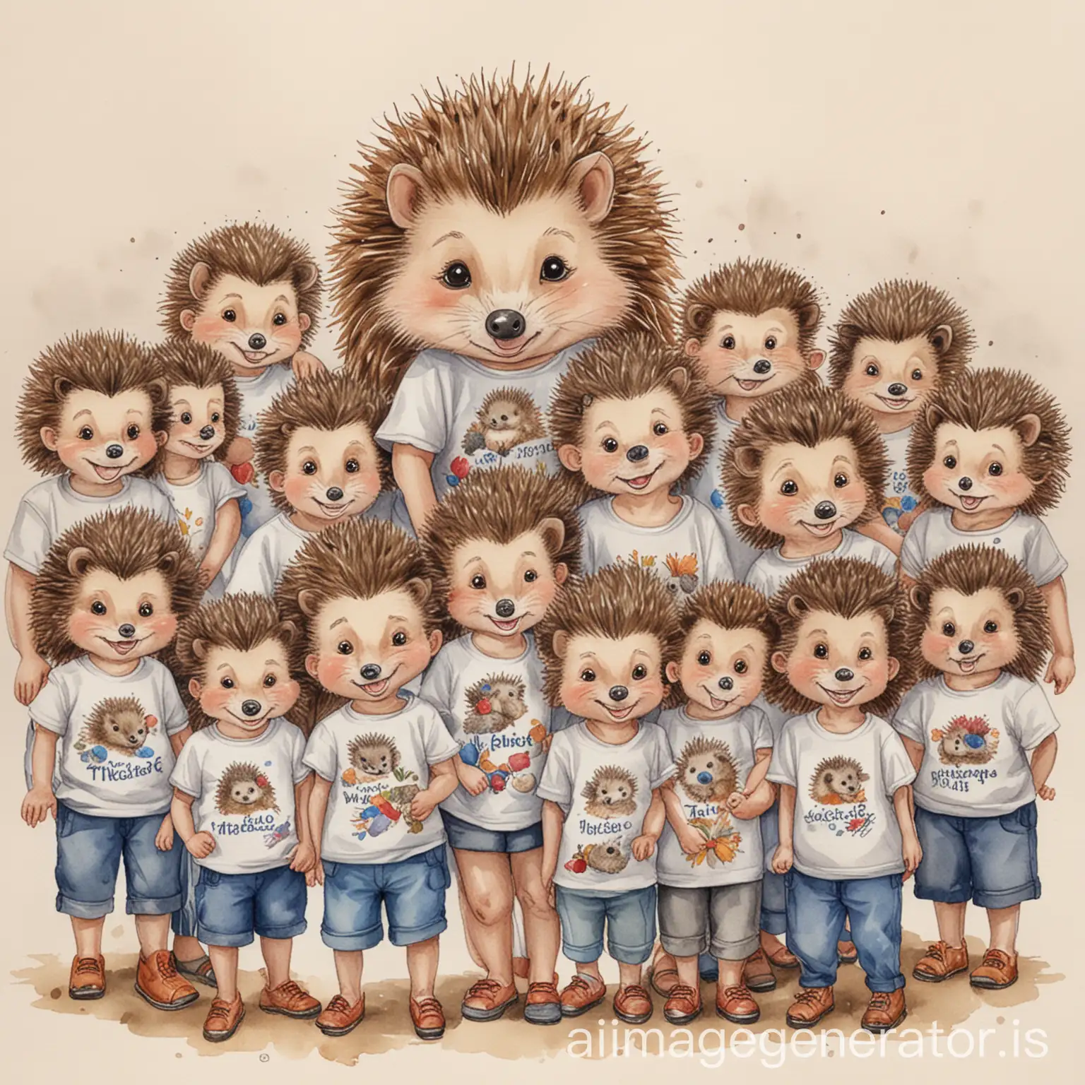 aquarelle drawing of cute Mrs. hedgehog kindergarten teacher with 8 boys hedgehogs pupils and 12 girls hedgehogs pupils wearing tshirts