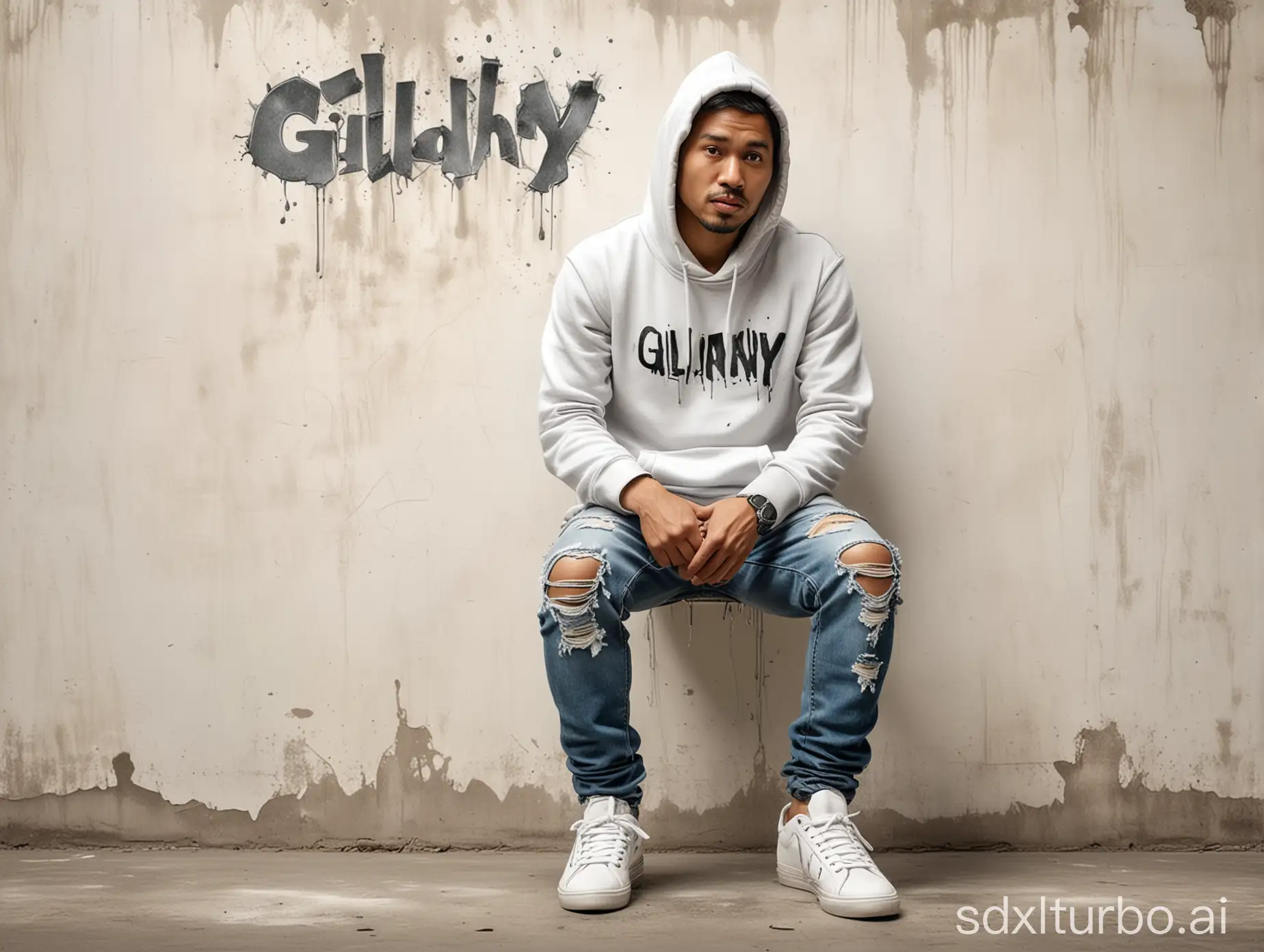 create a 4D caricature of a 35 year old Indonesian man standing leaning against a wall, he is wearing a hoodie, ripped jeans and sneakers. The white wall background is moldy and has the words "Gilvandhy" written on it.