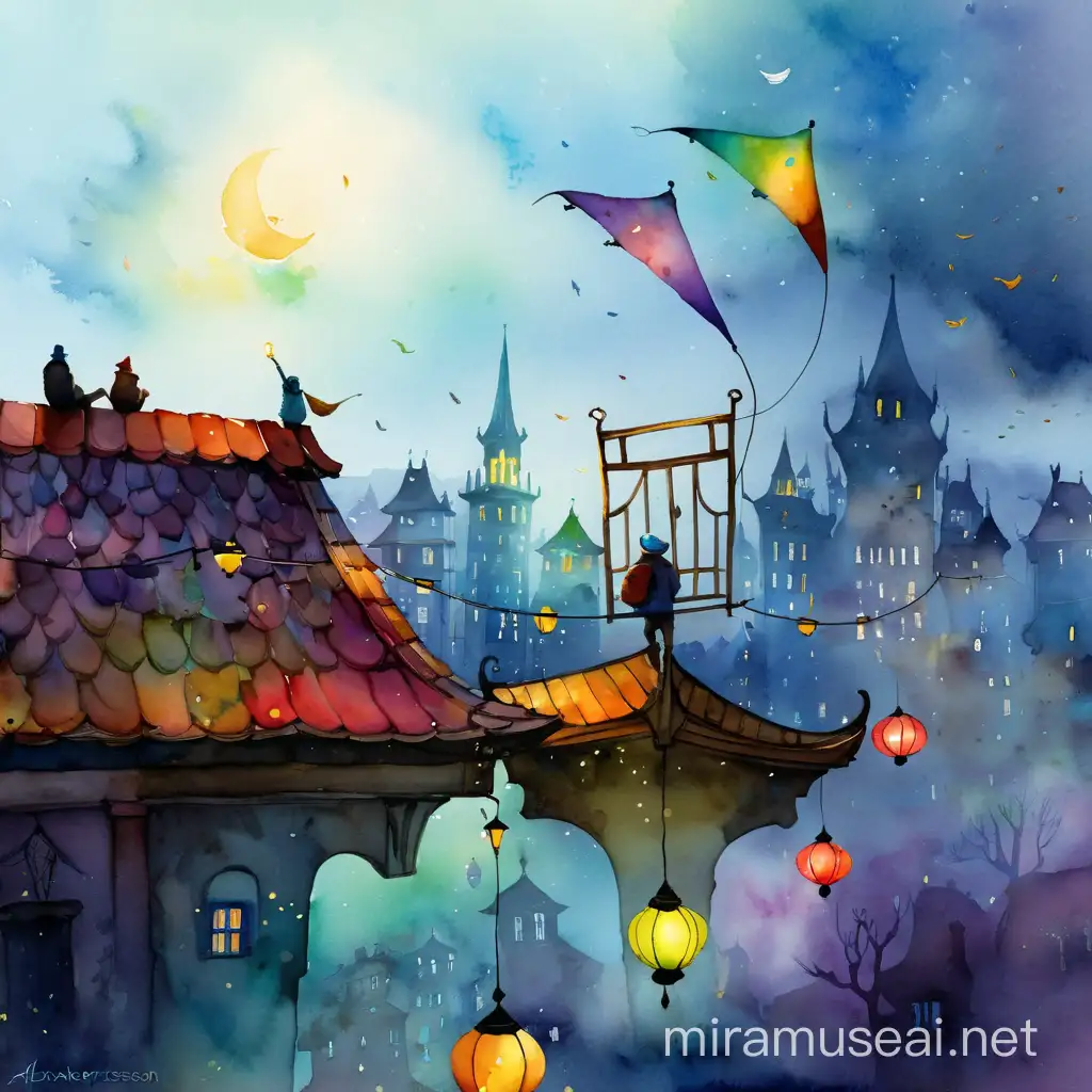город, каморка художника под крышей, разноцветный ветер, фонарь,  watercolour style by Alexander Jansson