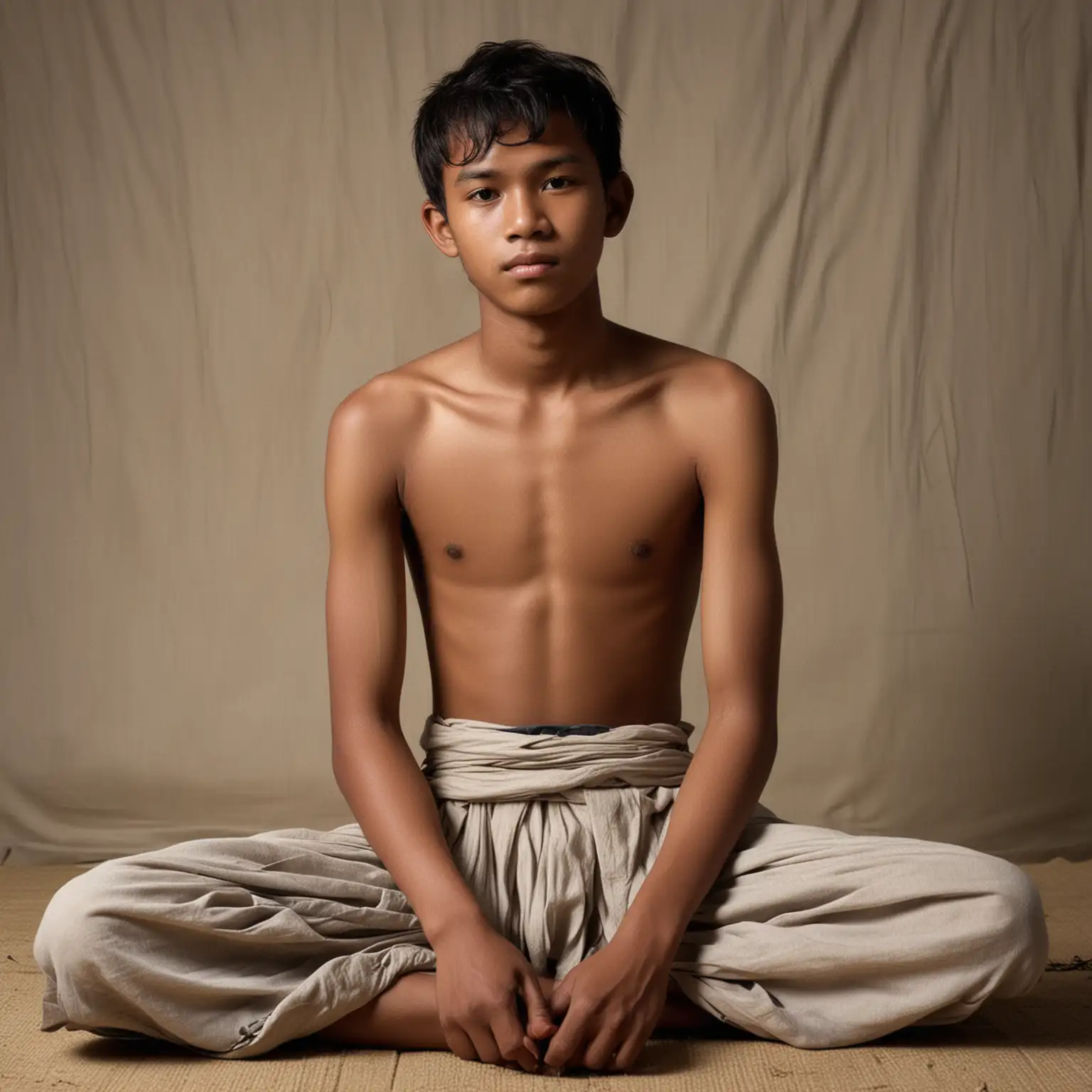 16 year old Indonesian man bare chested, wearing a long cloth, dark skin, sitting cross-legged 