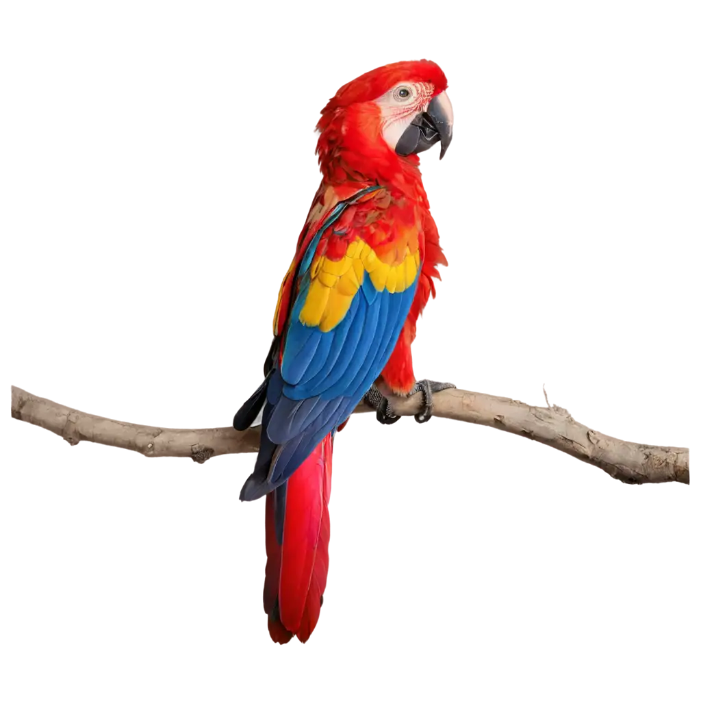 A vibrant scarlet macaw perched on a tree branch with its colorful feathers on display