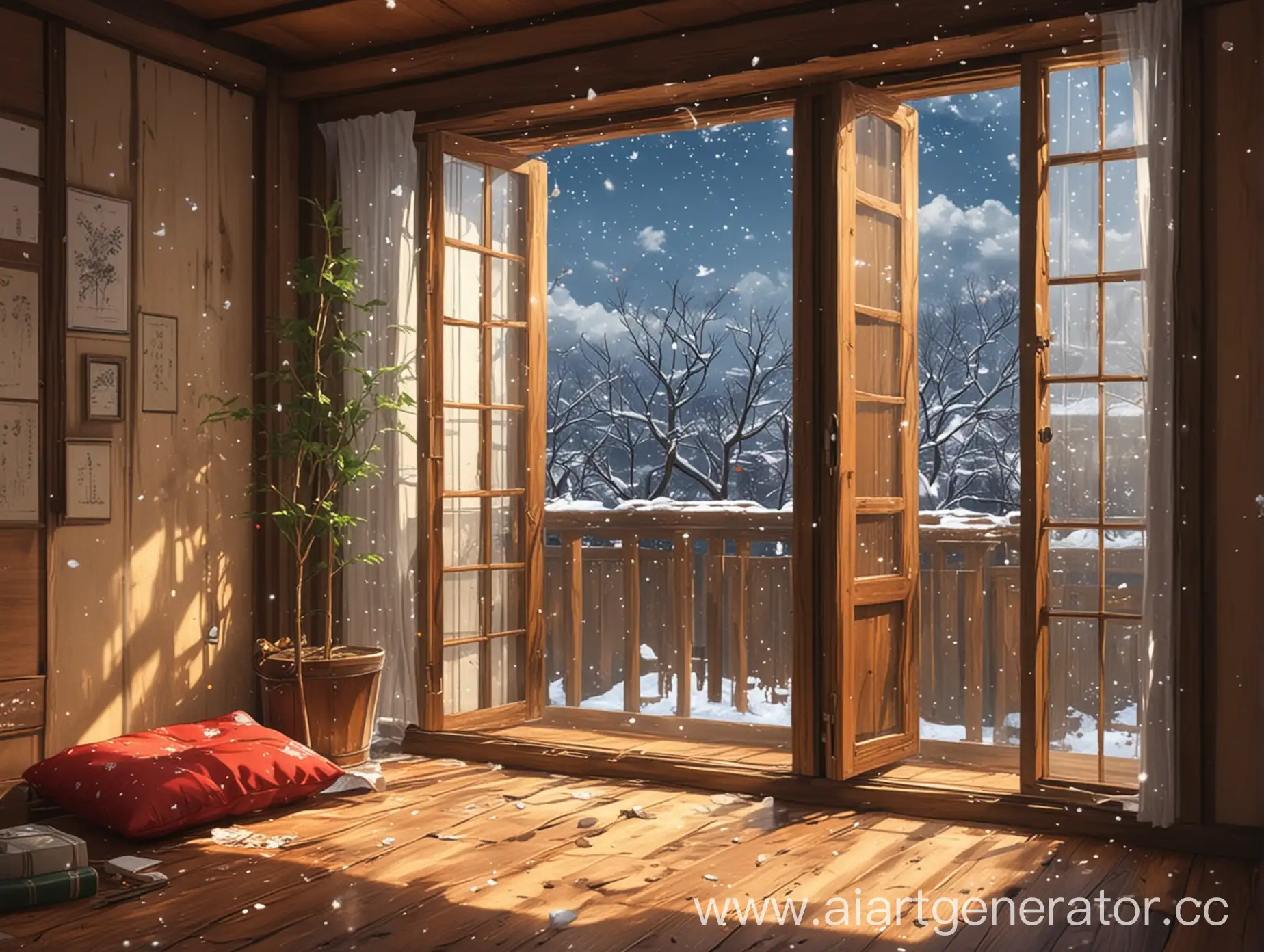 The day outside the window super anime style the room is lined with wood in a festive mood