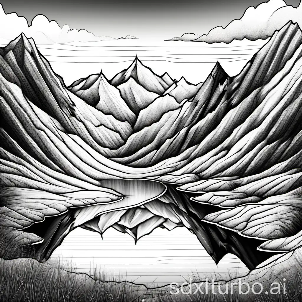 lake-ponds high-mountains white-clouds simple-sketch black-and-white line-structure beautiful