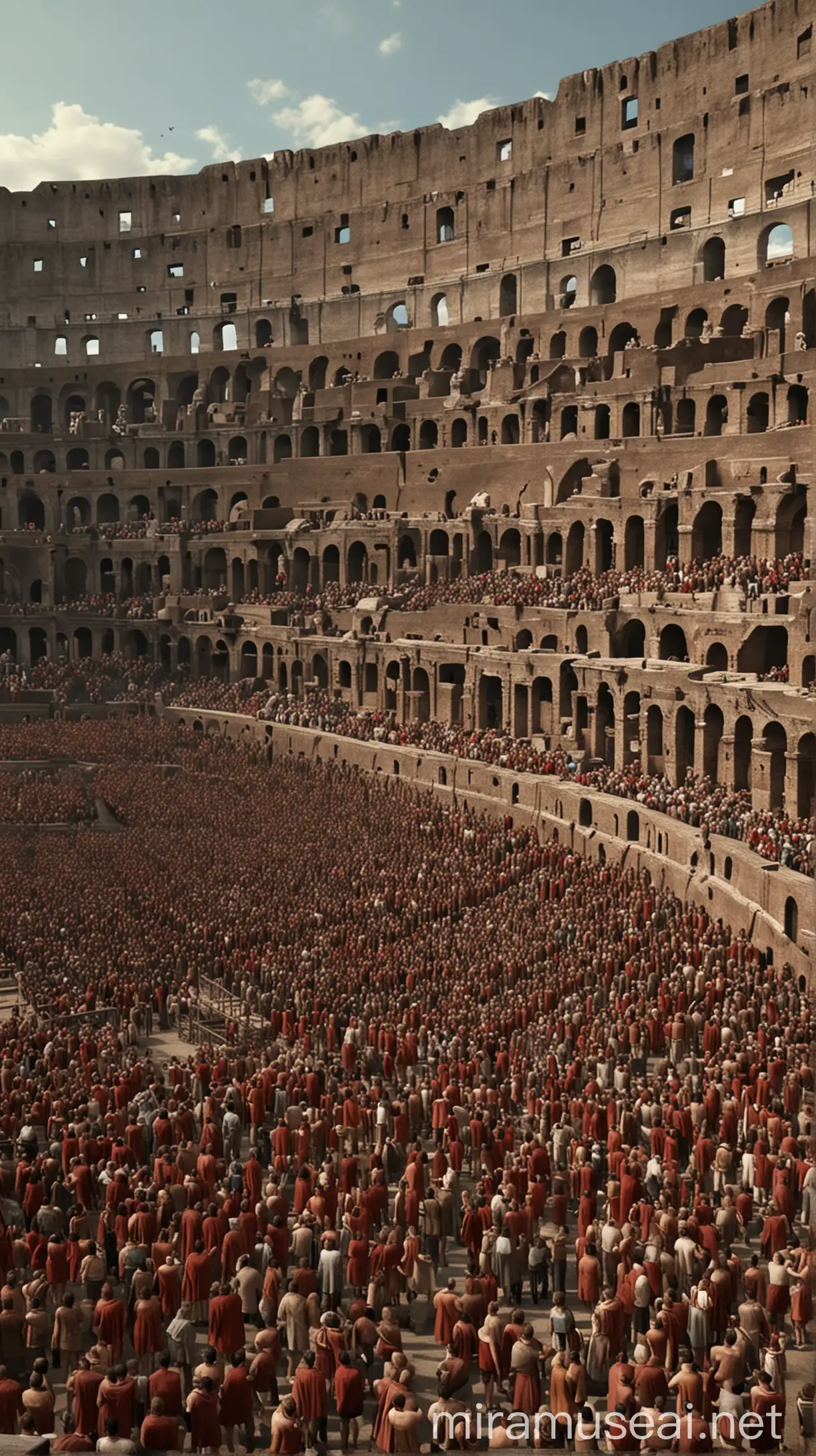 Show a dramatic clip of the Roman Colosseum with cheering crowds. hyper realistic