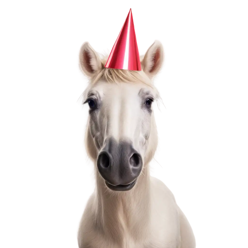 A happy horse muppet horse wearing a birthday hat