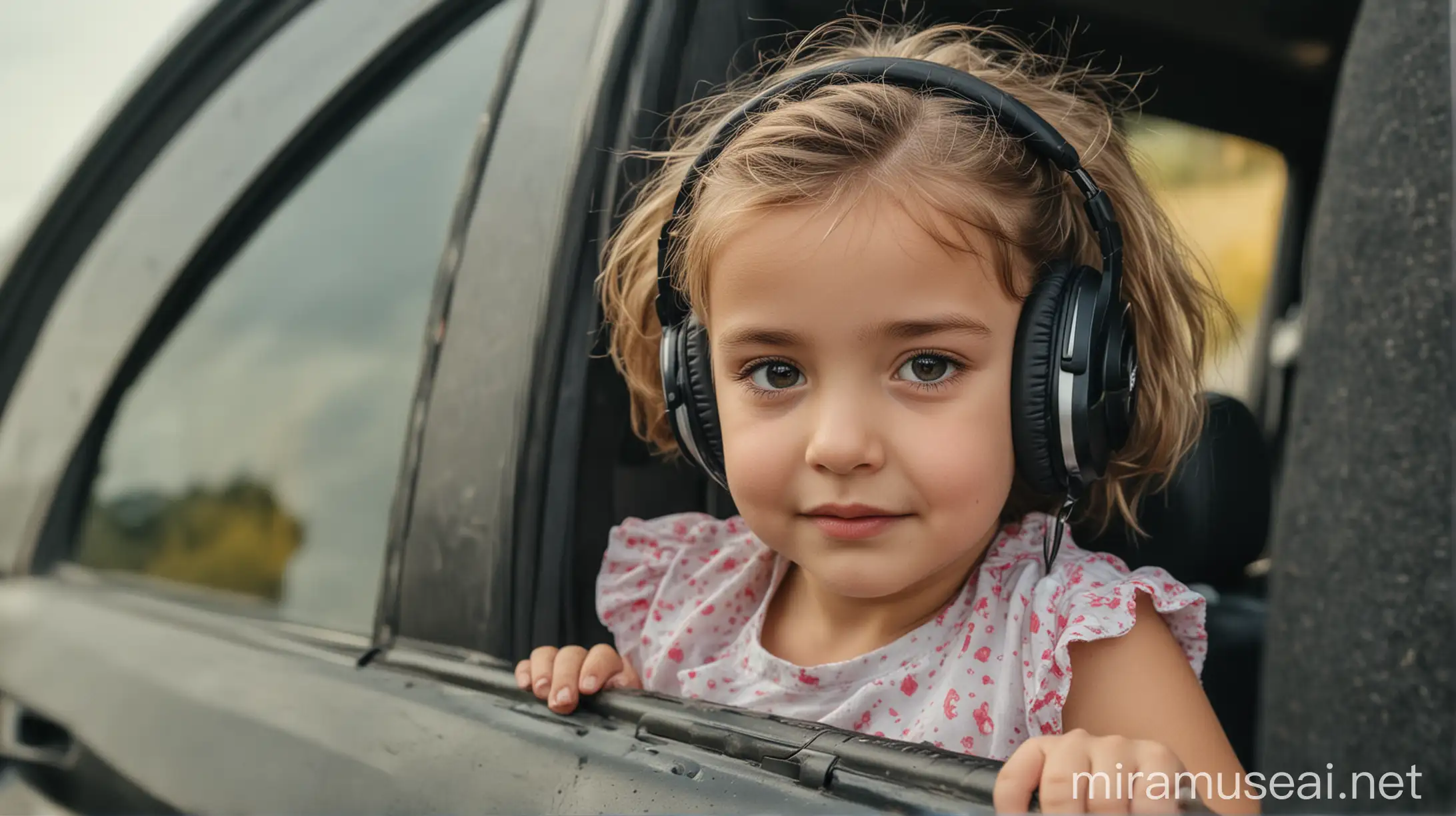 Curious Child in Car Little Girl with Headphones Observing Outside