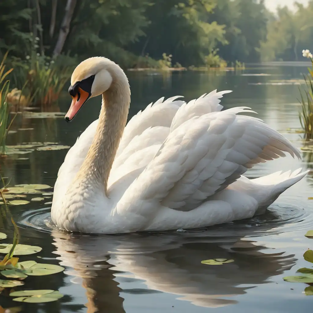 Realistic Swan Illustration on a Tranquil Lake with White Background