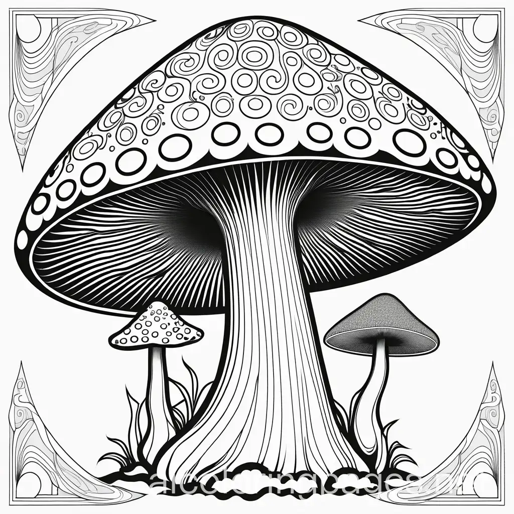 Mythographic mushroom psychedelic , Coloring Page, black and white, line art, white background, Simplicity, Ample White Space. The background of the coloring page is plain white to make it easy for young children to color within the lines. The outlines of all the subjects are easy to distinguish, making it simple for kids to color without too much difficulty