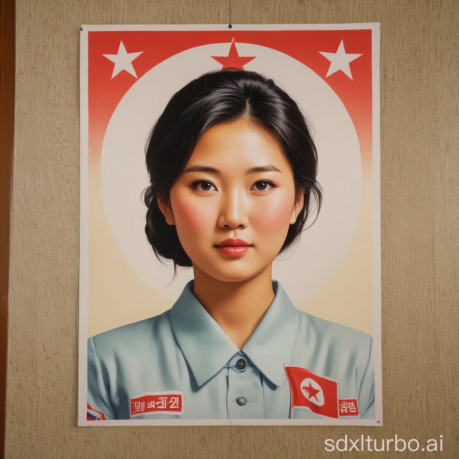 Cute Northkorean woman on a northkorean propaganda poster in pyongyang hotel lbby