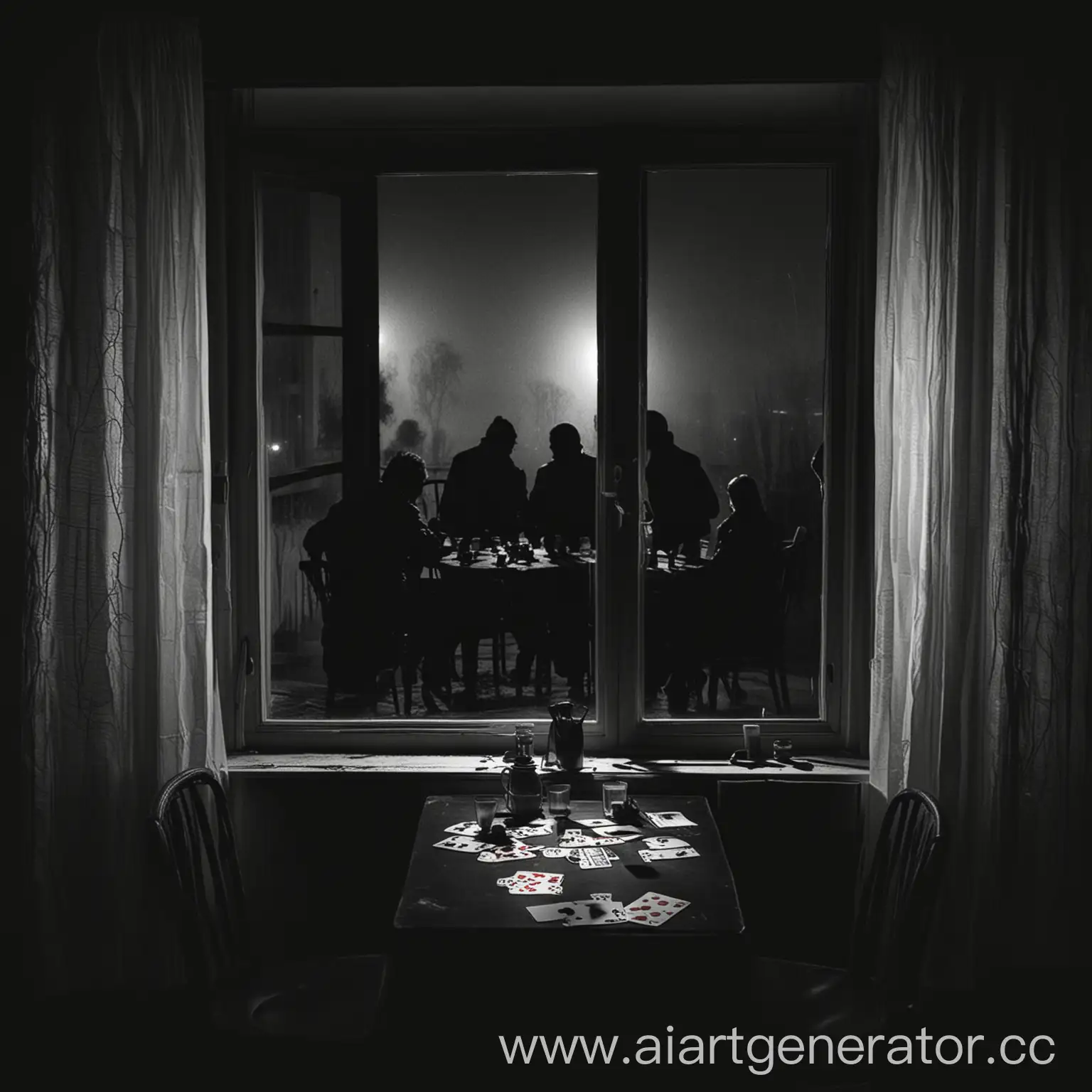 Темная зимняя ночь за окном, тени людей сидят за столом и играют в карты
