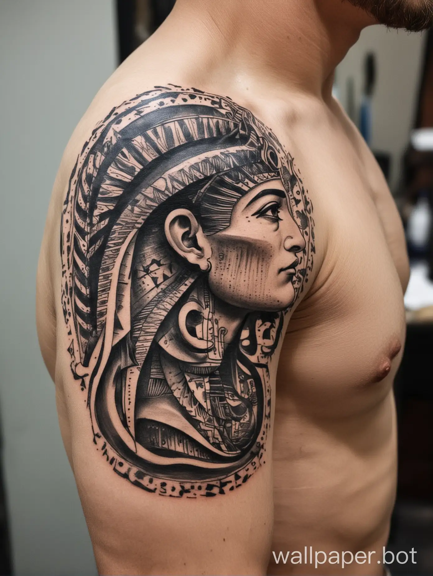 Men's Aquarius tattoo on the shoulder not colored in Egyptian style