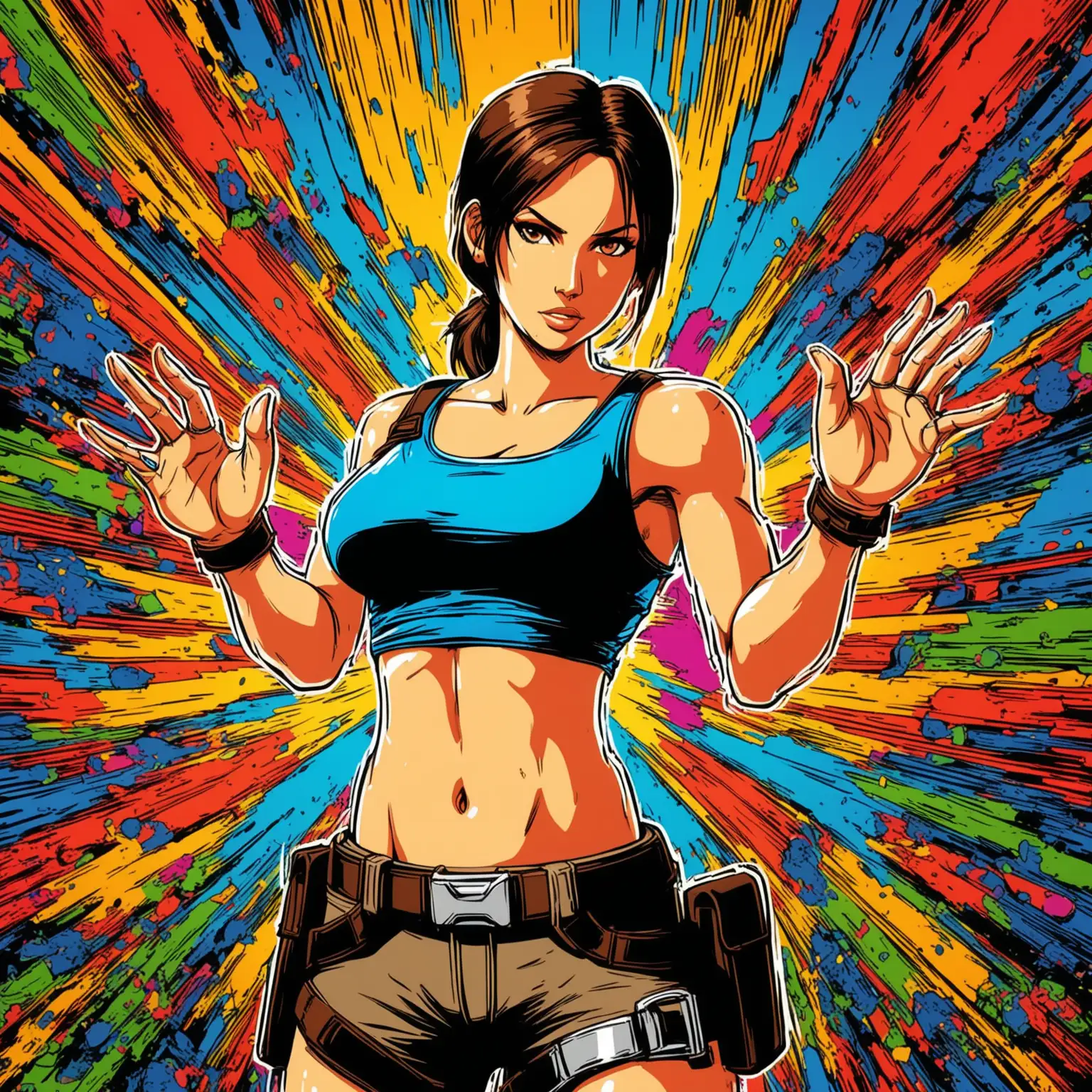 Lara Croft from Tomb Raider, classic outfit, midriff exposed, highly detailed face, perfect anatomy, perfect hands and fingers, highly contrasted, vibrant colors, abstract background, comic book style, high quality, 8k