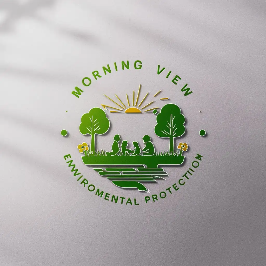 a logo design,with the text 'MORNING VIEW ENVIRONMENTAL PROTECTION', main symbol:People and a dog sitting on the grass lawn with the rising sun in the background and surrounded by trees and flowers, with the logo name surrounding the logo.,Minimalistic,clear background