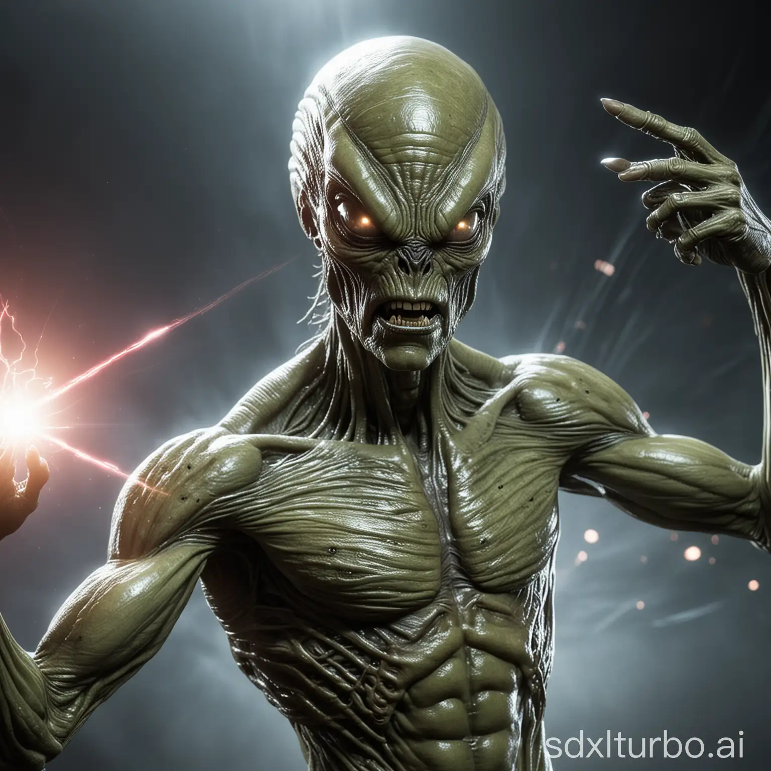 A true release alien with angry face show an arm with lasers