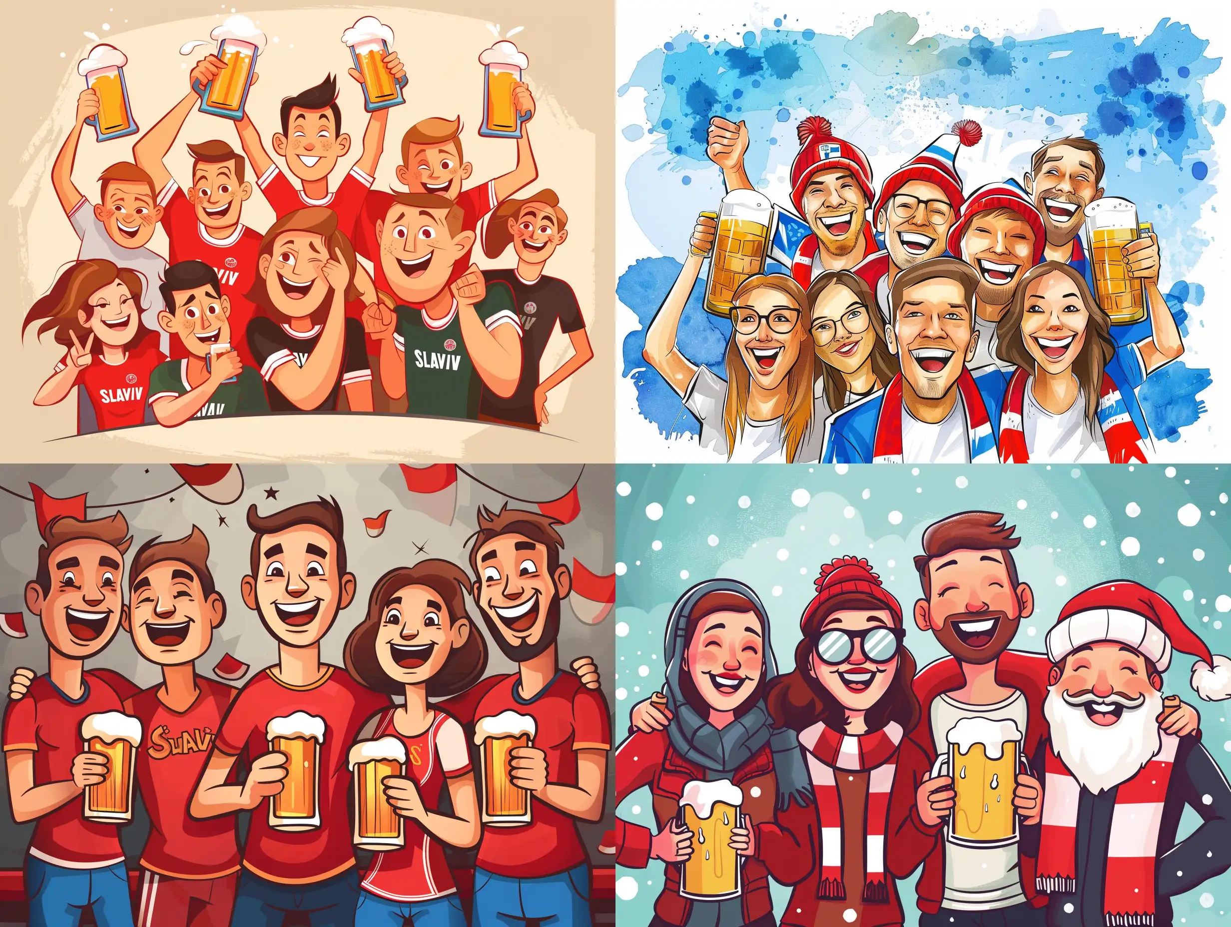 Cartoon of fans of football club Slavia Prague with beer