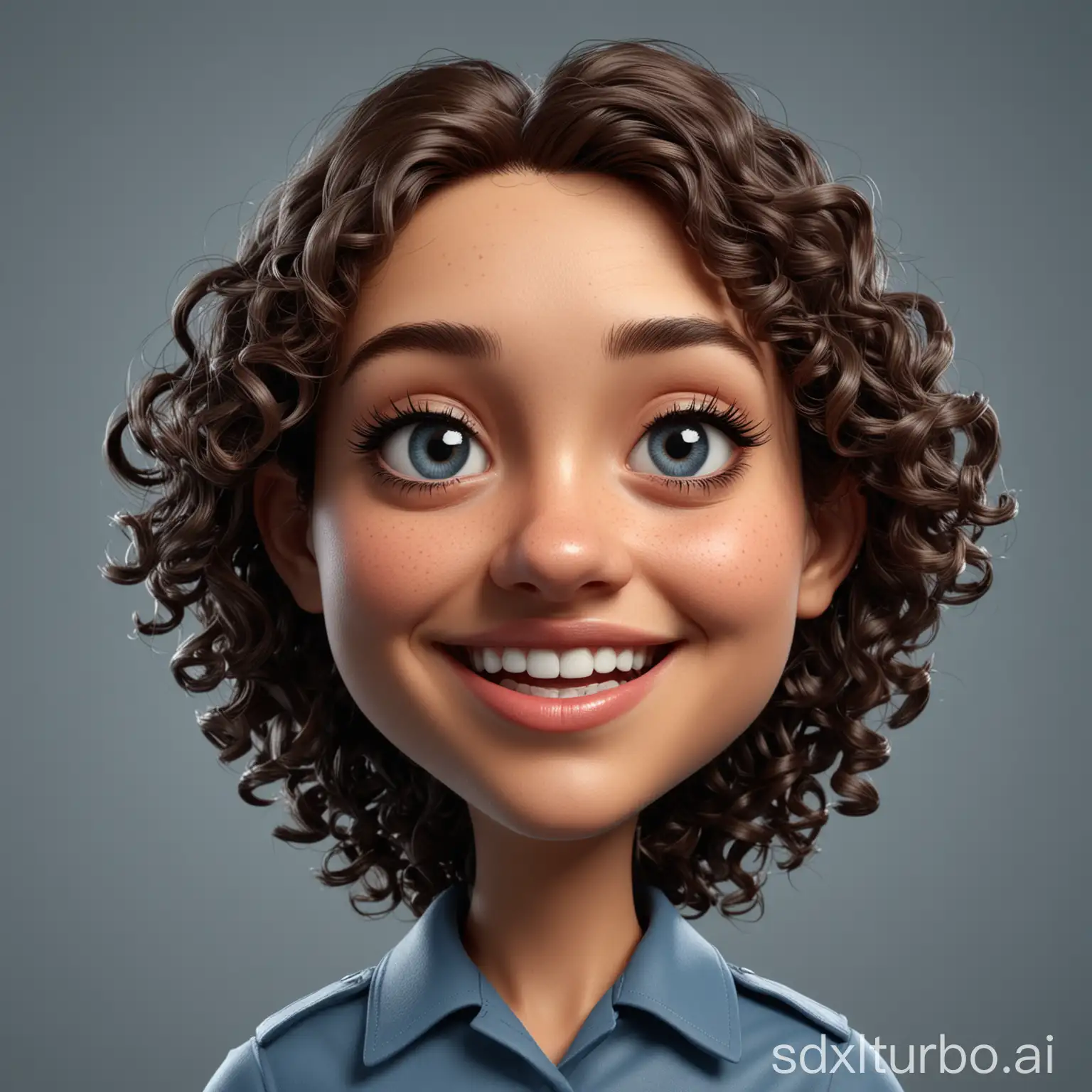 Create a caricature 3D realistic cartoon style full body with a big head. A 25 year old female. Curly long hair, Oval face shape, dark eyes, bottom nose, smile with open mouth. Wearing a uniform with blue color. Face angle 2/3. Grey color background. Use soft lighting photograpy, uhd, hd,20k.