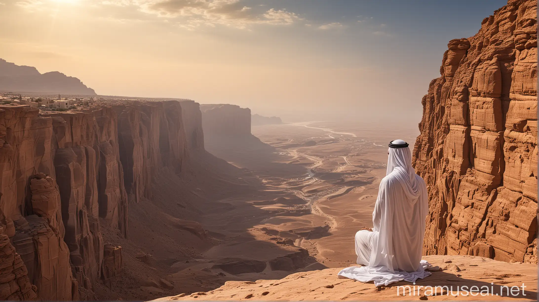 Arabian male prophet overlooking stunning cliff view...