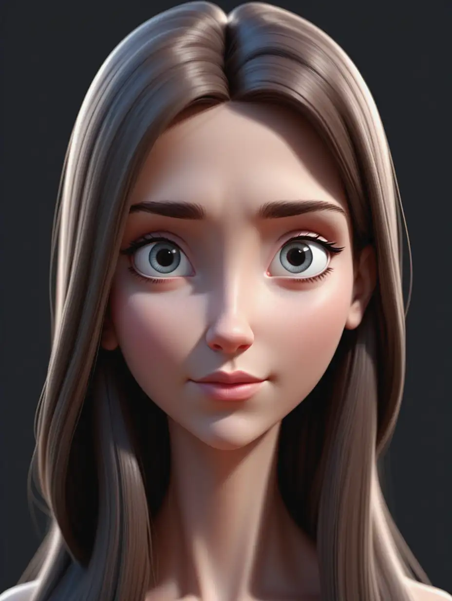 Long haired beautiful cartoon female head, 3D, virtuous, quiet, frontal portrait