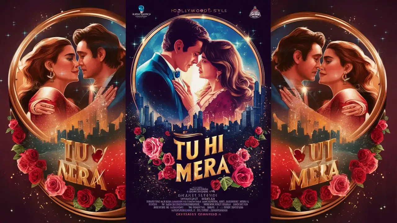 You are a skilled graphic designer who has been creating captivating movie posters for the past 15 years. Your specialty lies in crafting visually striking posters that invoke emotions and tell a compelling story at first glance. Your task is to create a Hollywood movie-style poster featuring a lover couple. The title of the movie is "Tu hi mera," 
The poster should capture the essence of romance, passion, and mystery. The lover couple should be at the center of the poster, exuding chemistry and love. The overall color scheme should be rich and romantic, with a blend of warm tones to evoke feelings of nostalgia and love. You can incorporate elements like city skylines, stars, or roses to enhance the romantic theme. The title of the movie should be bold and prominently displayed, grabbing the viewer's attention instantly.
Remember to focus on creating a visually appealing design that resonates with the audience and conveys the emotional depth of the story. Pay attention to the composition, typography, and color choices to ensure that the poster captures the magic of a classic Hollywood romance. Let your creativity shine through as you bring this lover couple to life on the big screen!