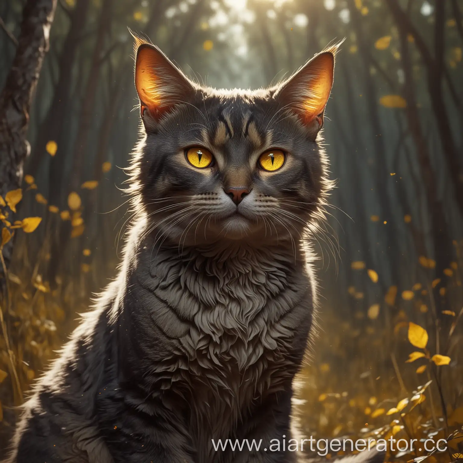 Поджарый кот, с жёлтыми глазами, высокий, в полный рост, в стиле котов воителей
