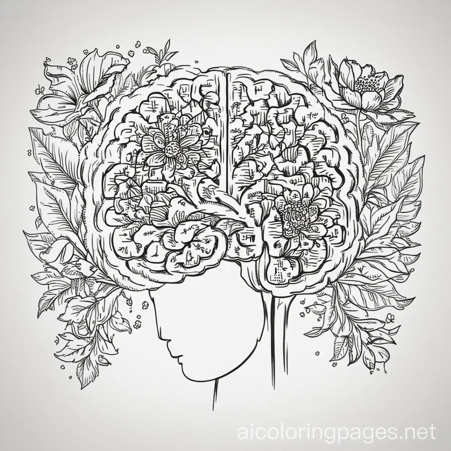 brain with flowers, Coloring Page, black and white, line art, white background, Simplicity, Ample White Space. The background of the coloring page is plain white to make it easy for young children to color within the lines. The outlines of all the subjects are easy to distinguish, making it simple for kids to color without too much difficulty