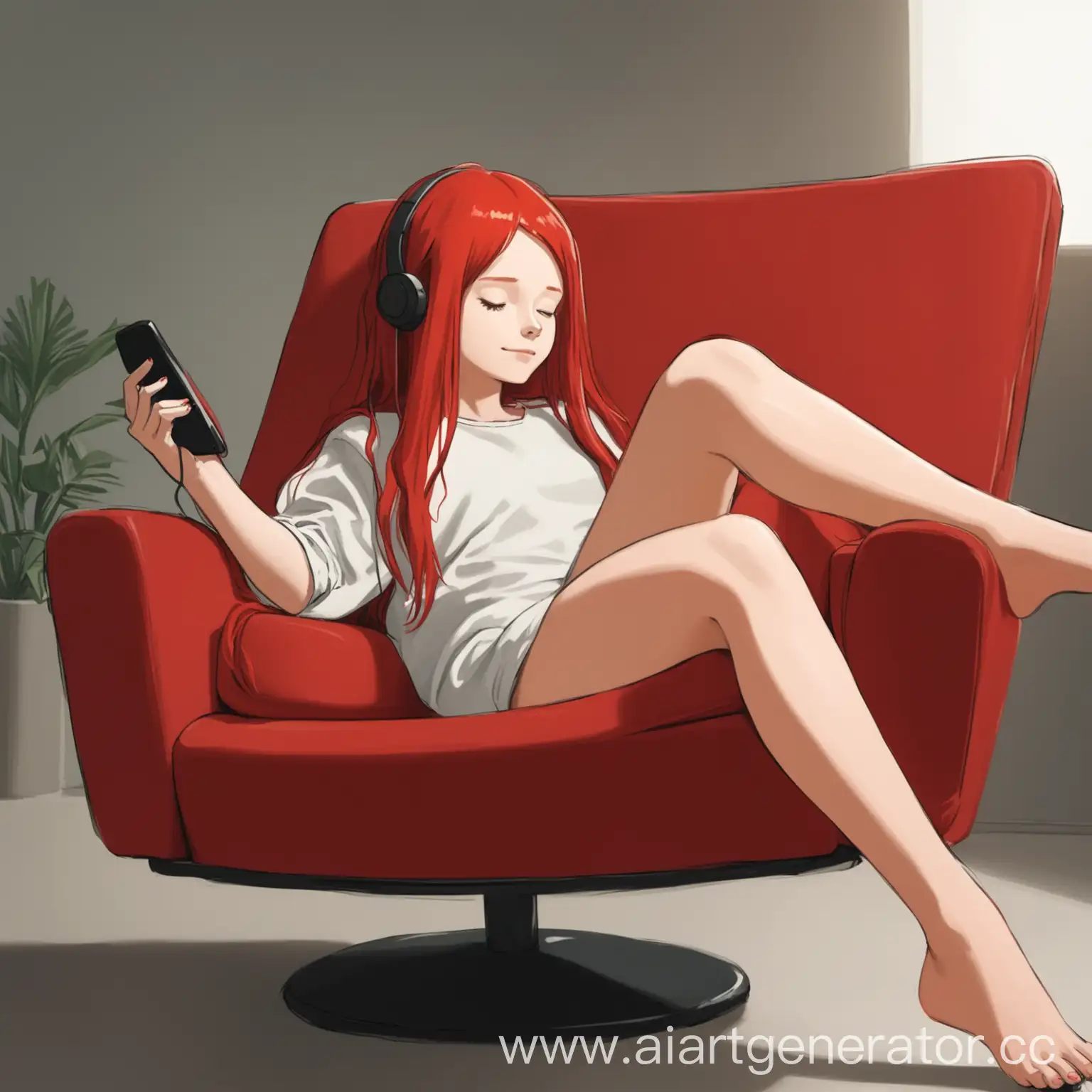 рыжая девочка расслаблено сидит на кресле в телефоне