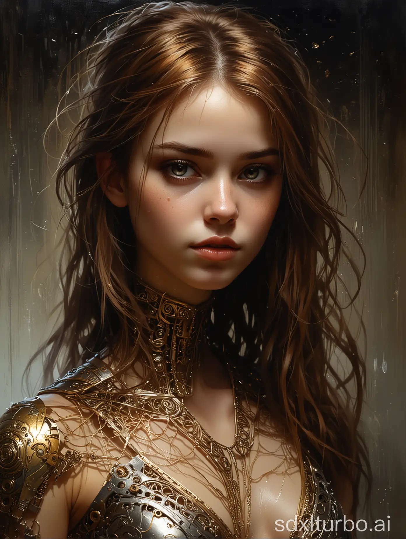 In Casey Baugh's evocative style, art of a beautiful young girl cyborg with long brown hair, full body, futuristic, scifi, intricate, elegant, highly detailed, majestic, Baugh's brushwork infuses the painting with a unique combination of realism and abstraction, greg rutkowski, surreal gold filigree, broken glass
