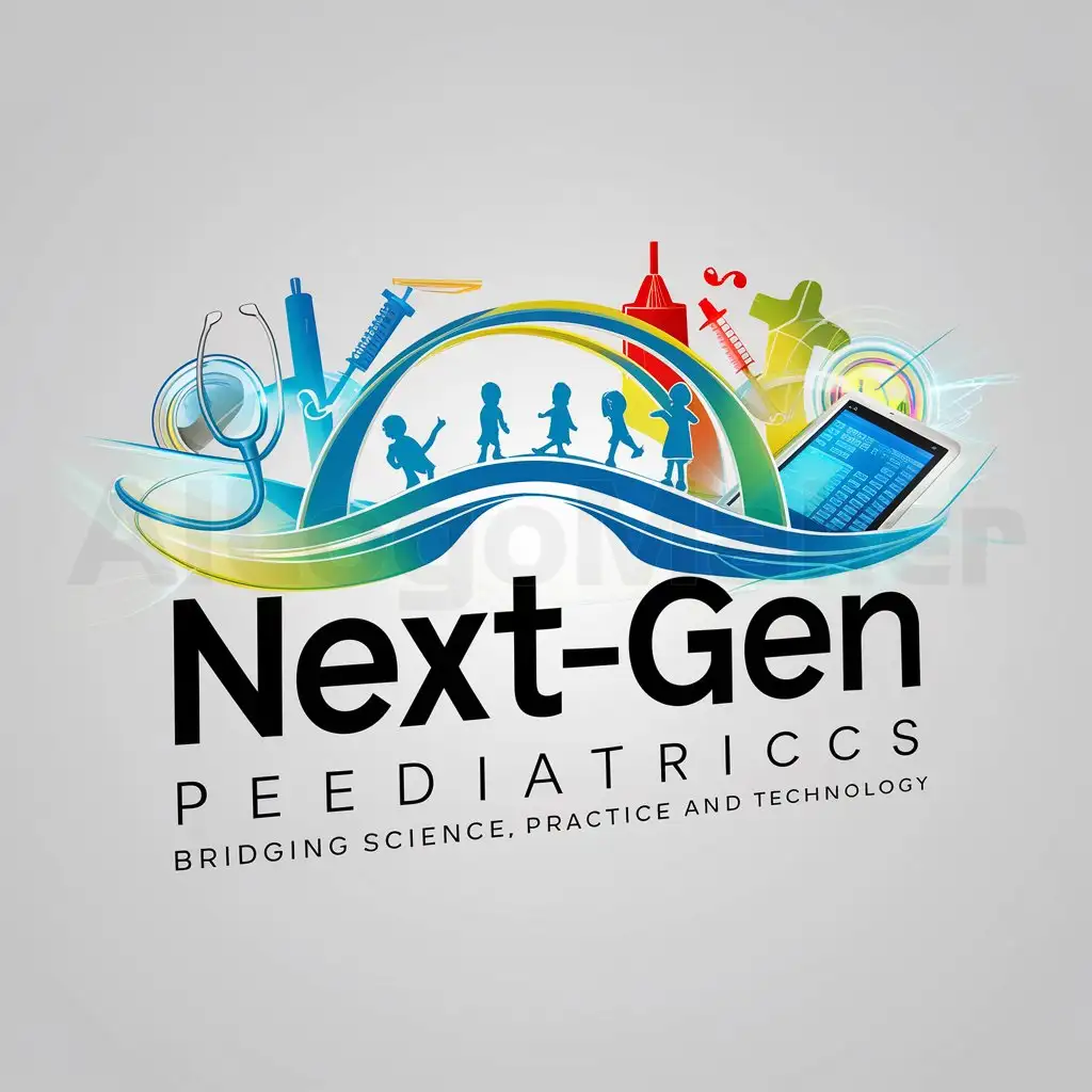 a logo design,with the text 'Next-Gen Pediatrics: Bridging Science, Practice and Technology', main symbol: a bridge, children, medical symbols, bright colorful, use white background, complex, to be used in medical industry, clear background, include symbols of technology and science