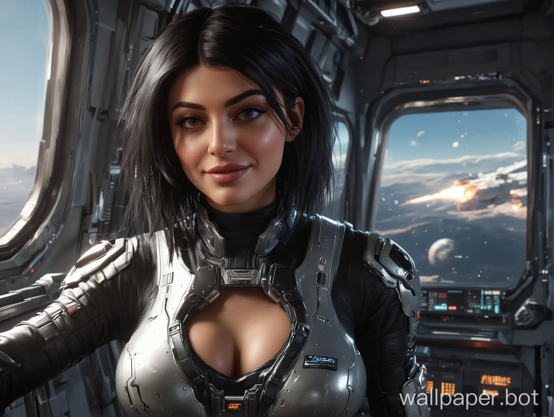 Star Citizen Videogame, female pilot with kylie jenner face taking selfie,  Science-Fiction, close-up headshot, Wear sporty cyberoutfit with cleavage , curvy female bodyshape, stars and planet through a window in the background, black shoulder long hair, natural black eyes, open smiling with showing teeth, over-the-shoulder shot