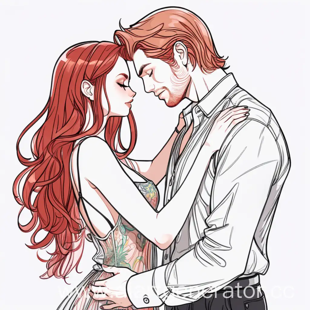 Affectionate-Young-Couple-Embracing-Romantic-Scene-with-Horned-Man-and-RedHaired-Woman-in-Transparent-Dress