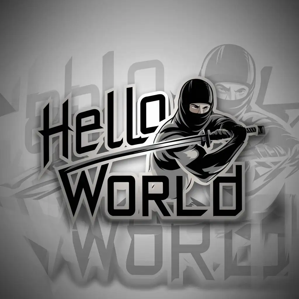 a logo design,with the text "hello world", main symbol:Be strong! Man in balaclava training with a sword,Moderate,clear background