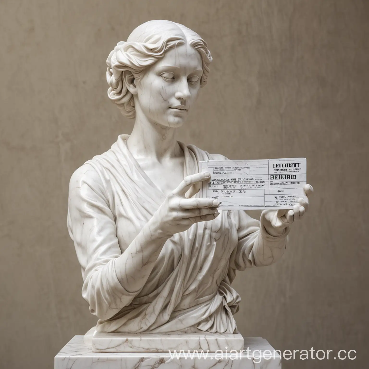 белая мраморная скульптура показывает класс одной рукой а во второй руке держит билет