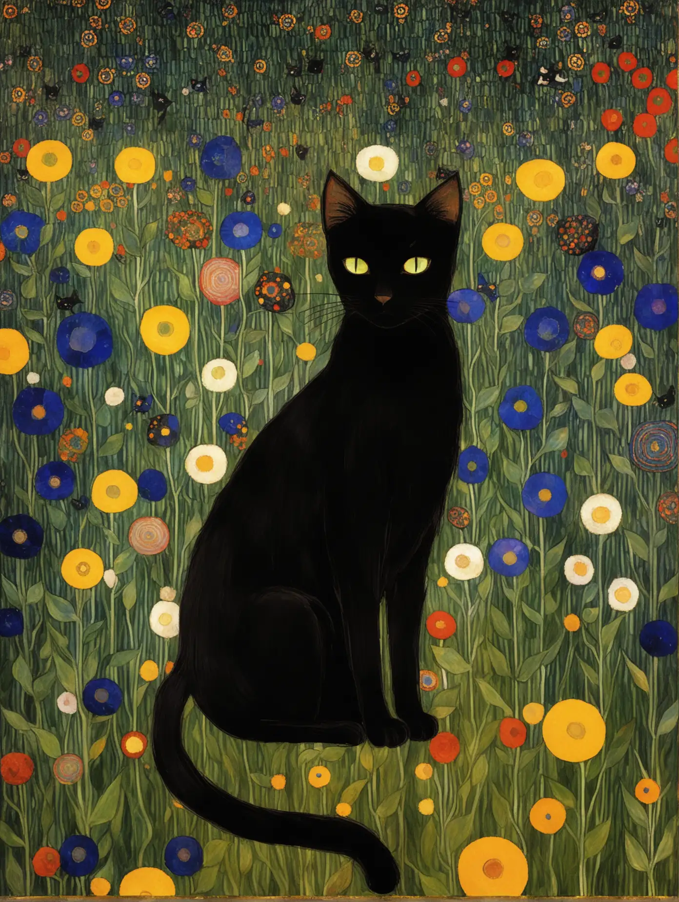 Klimt Inspired Garden with Black Cat Artwork
