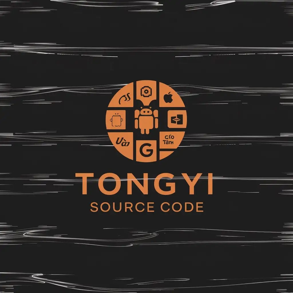 a logo design,with the text "Tongyi source code", main symbol:android, iOS, google, apple, php, java, golang, python, orange font color, black background, microservices, artificial intelligence,Minimalistic,be used in Internet industry,clear background