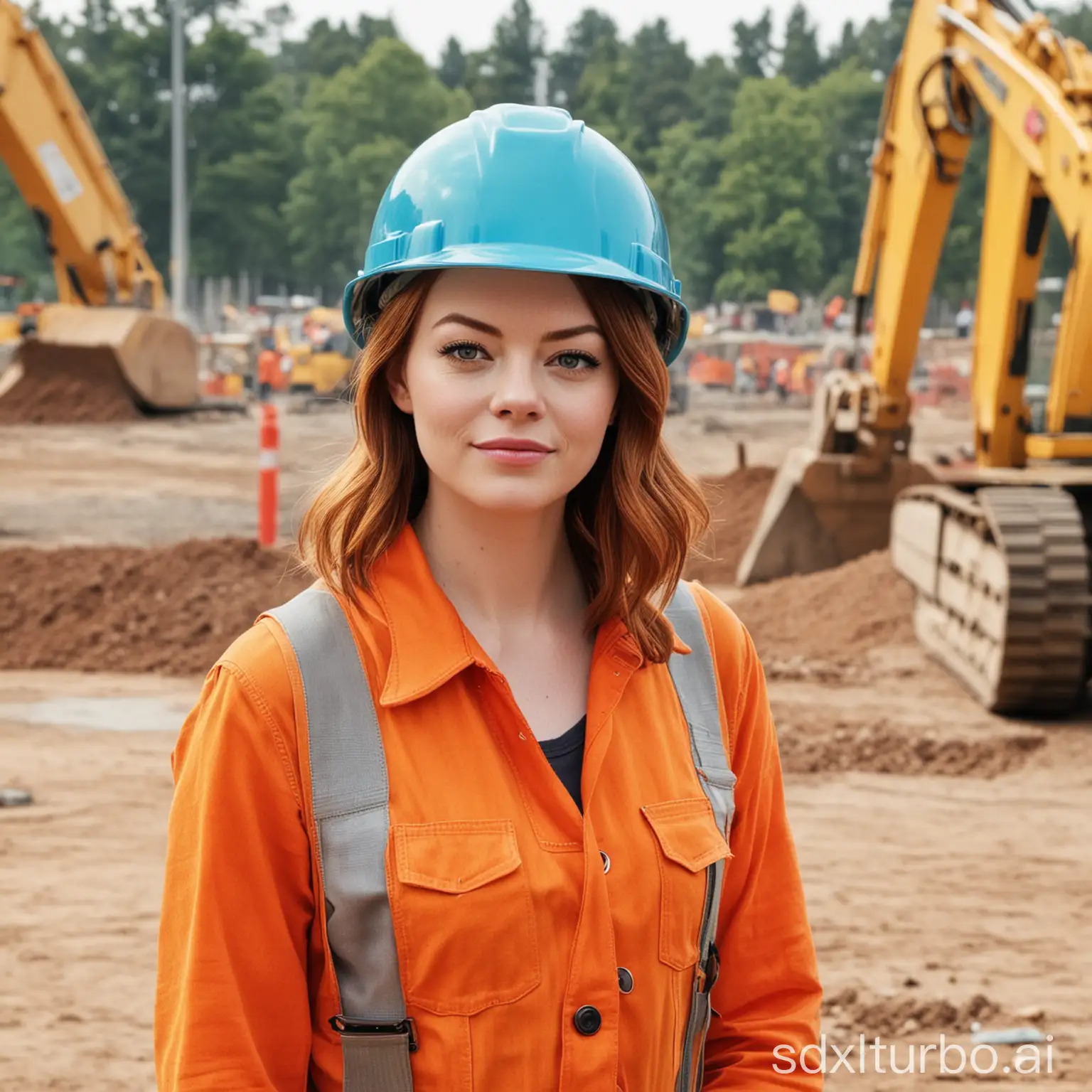 Emma stone in construction site worker's mid-shot, background is park construction site, figure must wear safety helmet, wearing safety clothes