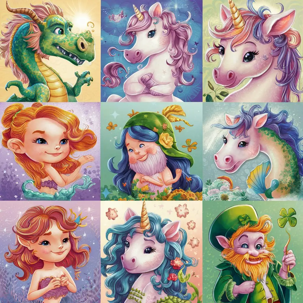 A series of colorful illustrations depicting different types of mythical creatures, perfect for greeting cards.
