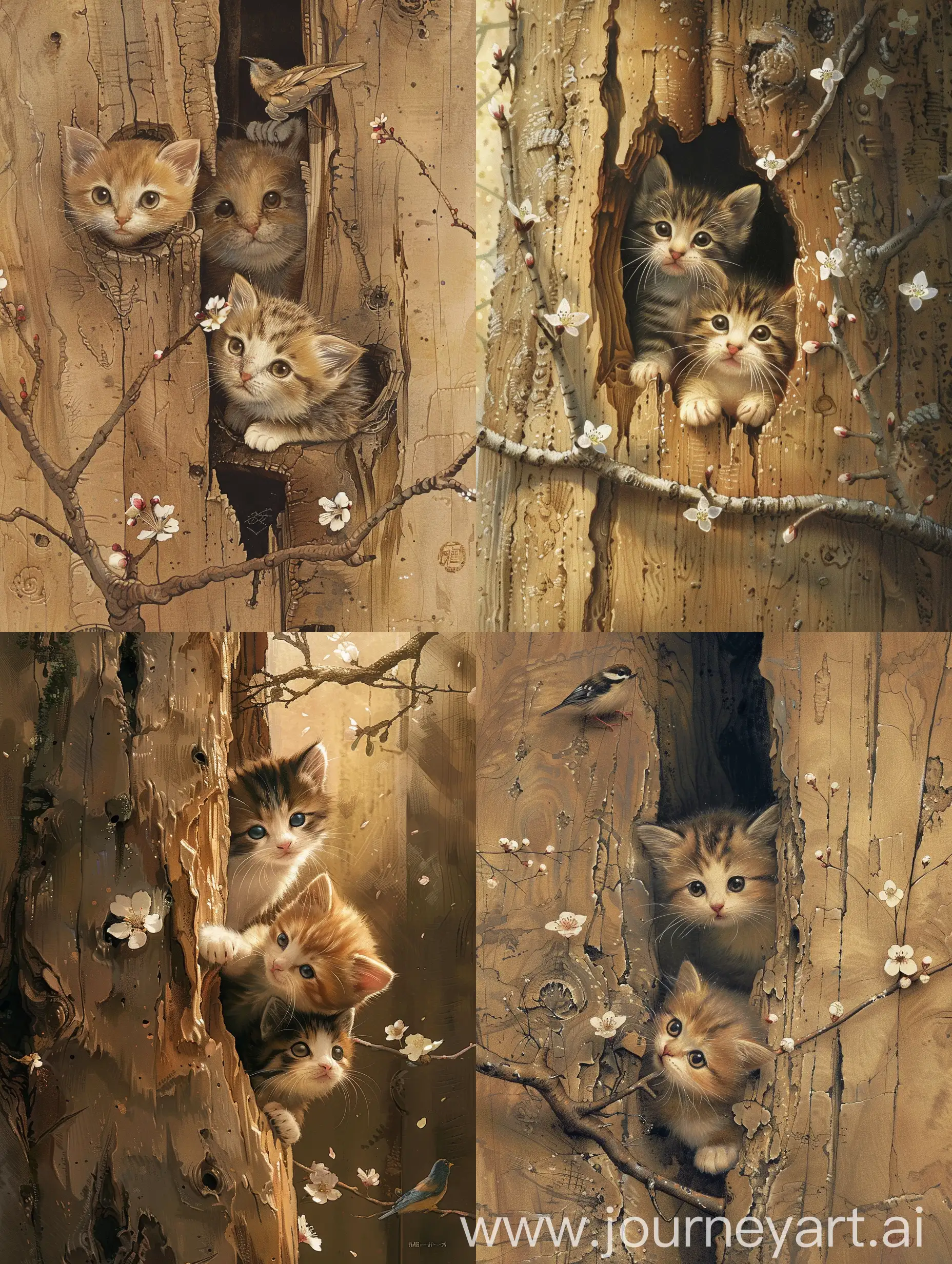 Whimsical-Kittens-Playing-in-Tree-Trunk-with-Bird-Silhouette