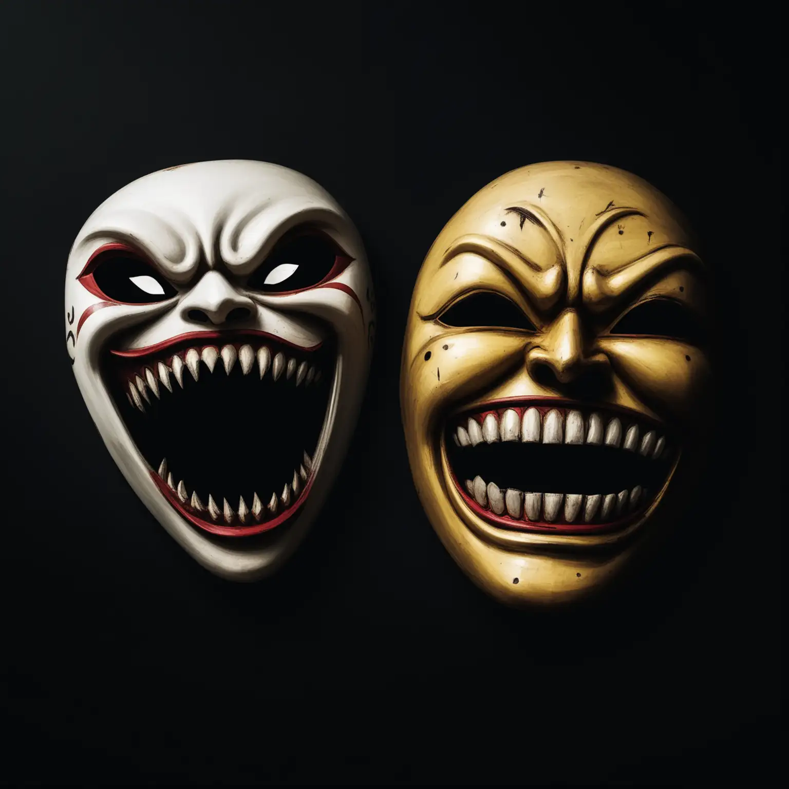one happy mask next to one angry scary mask with teeth black background
