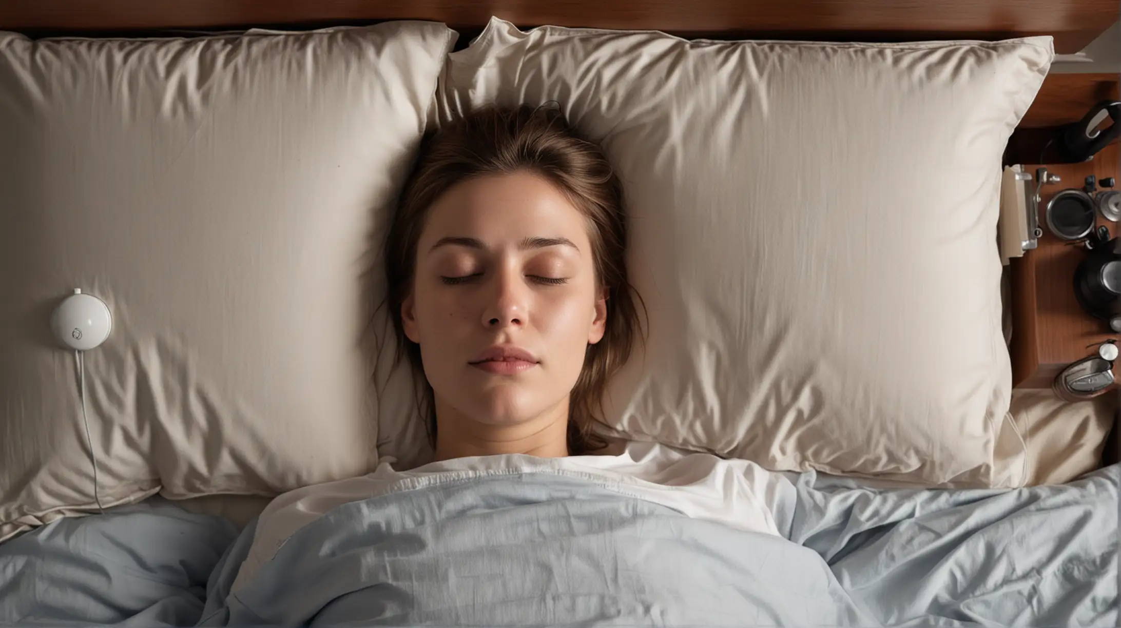 Intense Nighttime Portrait Tense Sleeper in Bed with Bedside Clock
