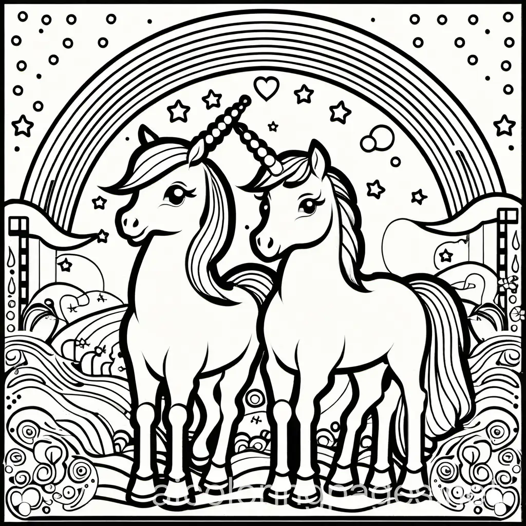 colouring page with bluey and bingo, unicorn and raninbow, Coloring Page, black and white, line art, white background, Simplicity, Ample White Space. The background of the coloring page is plain white to make it easy for young children to color within the lines. The outlines of all the subjects are easy to distinguish, making it simple for kids to color without too much difficulty