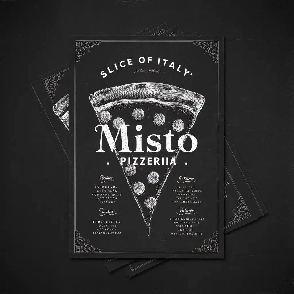 Misto Pizzeria, Menu, Black Vintage menu, Classic menu, Elegant menu, Sketched design menu, Pizzeria Menu, A4, Slogan, Slice if Italy, Stunning menu